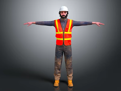 Game Film Character Wearing White Hard Hat Orange Reflective Vest With Arms Outstretched Gray Background 3d model