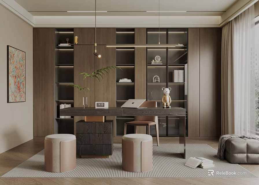 Modern Study Room Interior With Wooden Bookshelves Desk Table Lamp And Green Plant 3d model 