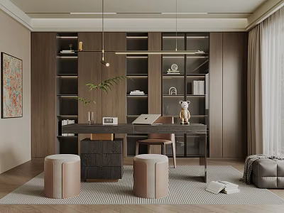 Modern Study Room Interior With Wooden Bookshelves Desk Table Lamp And Green Plant 3d model