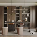 Modern Study Room Interior With Wooden Bookshelves Desk Table Lamp And Green Plant