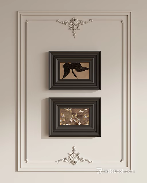 Two Black Framed Decorative Artworks Hanging On White Wall With Different Patterns 3d model
