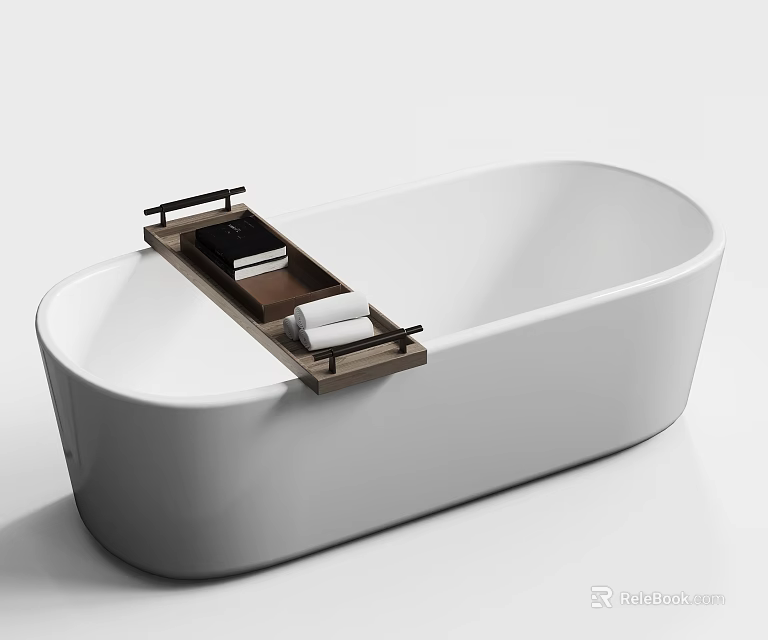 Stylish White Freestanding Bathtub With Wooden Tray Towels And Bath Accessories 3d model 