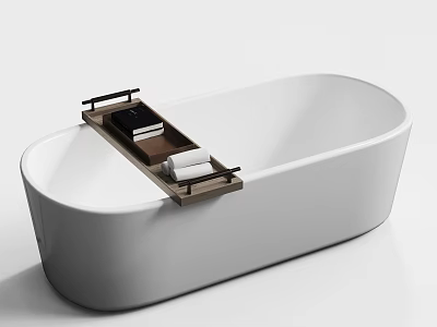 Stylish White Freestanding Bathtub With Wooden Tray Towels And Bath Accessories 3d model