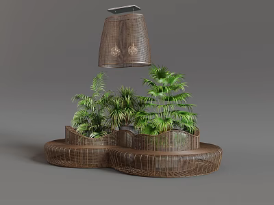 Woven Public Chair Design With Multi Tiered Plants And Hanging Lamp 3d model
