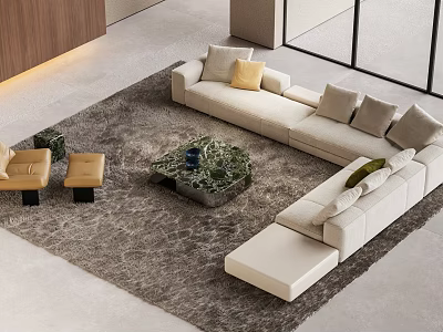 Modern Beige Sofa And Coffee Table Set With Marble Top And Cushions In Living Room 3d model