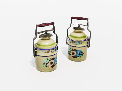 Vintage Cream Colored Storage Containers With Floral Patterns And Red Handles 3d model
