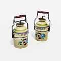 Vintage Cream Colored Storage Containers With Floral Patterns And Red Handles