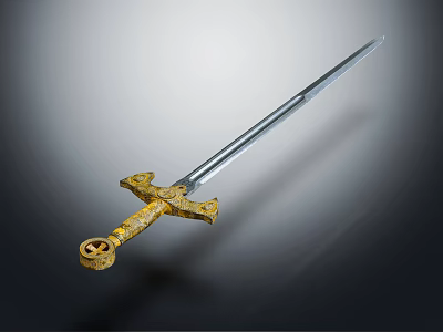 Ancient Decorative Sword With Intricate Golden Hilt And Silver Sharp Blade 3d model