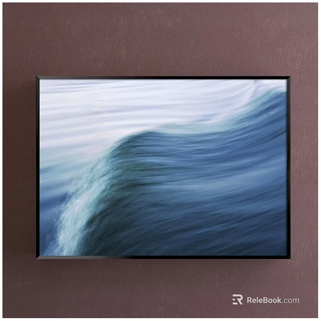 Abstract Painting With Blue Wavy Patterns And White Textures Framed On Brown Wall 3d model 