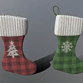 Red And Green Plaid Christmas Stockings With Knitted Cuff And Tree Snowflake Patterns