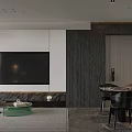 Modern Dark Tone Living And Dining Room With Elegant Marble Accent And Luxury Furnishings