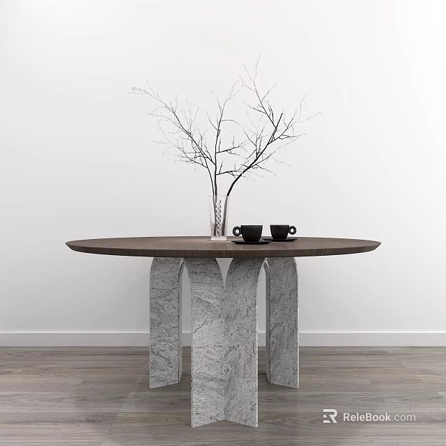 Round Dining Table With Wooden Top Marble Legs Vase Branches And Two Black Cups 3d model 