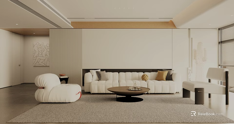 Modern Living Room Interior With White Sofa Throw Pillows And Round Coffee Table 3d model 