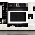 Contemporary TV Cabinet With Open Shelves Drawers White Black Finish Potted Plant And Wine Glasses