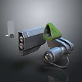 Futuristic Weapon With Gray Metal Body Green Component Circular Metal Parts And Silver Grip