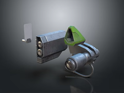 Futuristic Weapon With Gray Metal Body Green Component Circular Metal Parts And Silver Grip 3d model