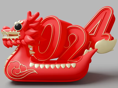 Artistic Red Dragon Sculpture With 2024 Number And Golden Decorative Details 3d model