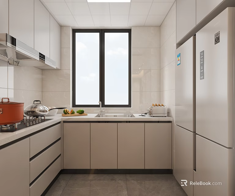 Modern Kitchen Interior With Light Gray Cabinets Window Stove Sink And Refrigerator 3d model 