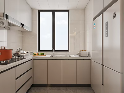 Modern Kitchen Interior With Light Gray Cabinets Window Stove Sink And Refrigerator 3d model