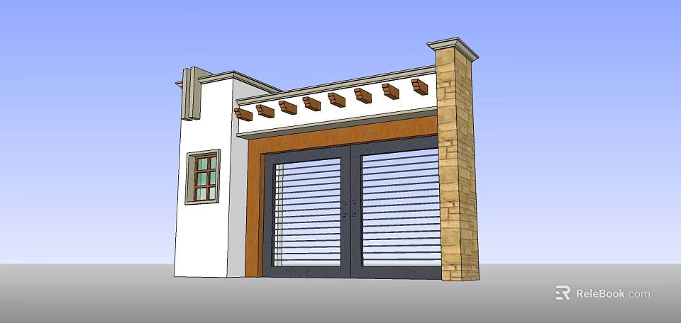 Double Door Entrance Gate With Metal Slatted Design Stone Pillars And Wooden Beam Accents 3d model 