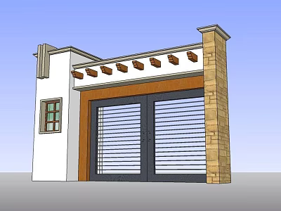 Double Door Entrance Gate With Metal Slatted Design Stone Pillars And Wooden Beam Accents 3d model