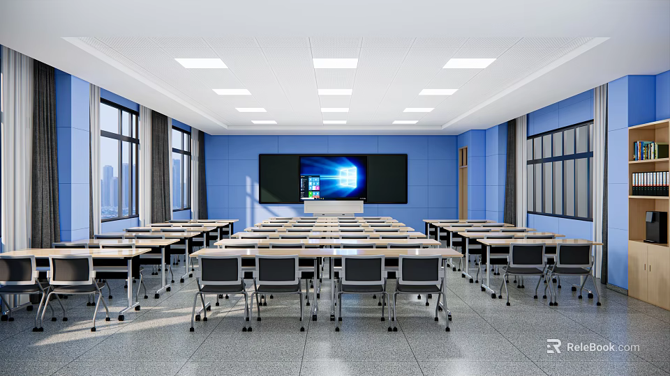 School Classroom With Blue Walls Digital Screen Desks Chairs And Bright Windows 3d model 