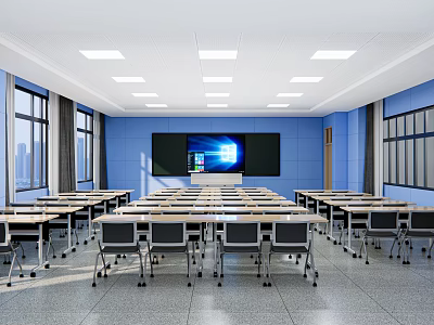School Classroom With Blue Walls Digital Screen Desks Chairs And Bright Windows 3d model