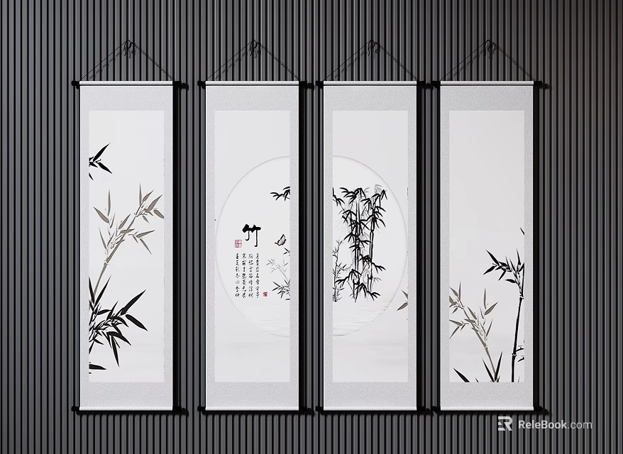 Four Traditional Chinese Ink Bamboo Paintings As Hanging Scroll Wall Art 3d model 
