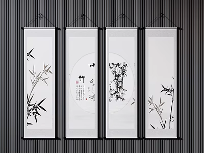 Four Traditional Chinese Ink Bamboo Paintings As Hanging Scroll Wall Art 3d model