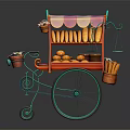 Vintage Functional Mobile Bakery Cart With Striped Awning Baguettes Bread Loaves And Flower Pots