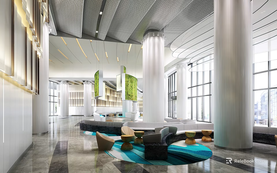 Modern Lobby Reception Desk Design With Green Plants Columns And Soft Lighting 3d model 