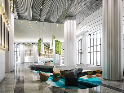Modern Lobby Reception Desk Design With Green Plants Columns And Soft Lighting 3d model