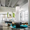 Modern Lobby Reception Desk Design With Green Plants Columns And Soft Lighting