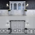 Elegant White Entry Interior With Stained Glass Door Wall Lamps And Green Topiaries