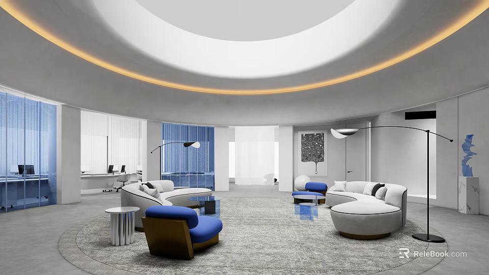 Spacious Modern Front Desk Reception Area With Circular Ceiling Ambient Lighting And Blue White Sofas 3d model