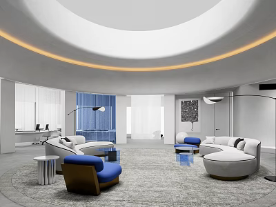 Spacious Modern Front Desk Reception Area With Circular Ceiling Ambient Lighting And Blue White Sofas 3d model