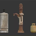 Vintage Metal Items With Rusty Pump Silver Canister And Green Gas Cylinder