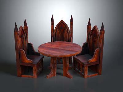 Medieval Style Intricate Wooden Round Table With Gothic Spire Design Chairs 3d model