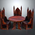 Medieval Style Intricate Wooden Round Table With Gothic Spire Design Chairs