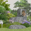 Natural Stone and Wood Outdoor Landscape With Silver Deer Sculptures Purple Flowers and Green Trees
