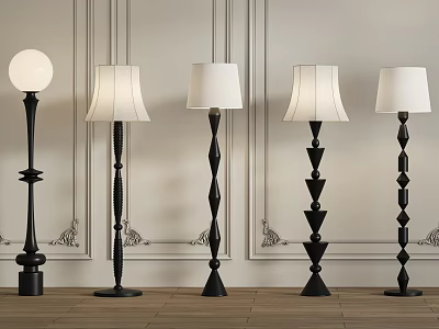 Assorted Modern Floor Lamps With Geometric Bases And White Shades Against Decorative Wall Panels 3d model