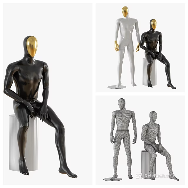 Black White Gold Mannequins With Standing And Sitting Poses Abstract Body Design 3d model 
