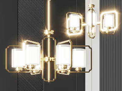 Elegant Modern Gold Chandelier Featuring Square Glass Shades And Metallic Frame 3d model