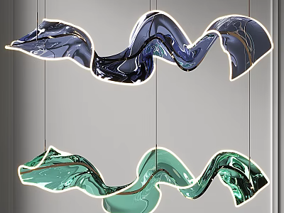 Modern Wavy Blue And Green Glass Chandelier Design With Illuminated Curved Shapes 3d model