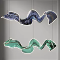 Modern Wavy Blue And Green Glass Chandelier Design With Illuminated Curved Shapes