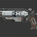 Pixelated Sci Fi Weapon Design With Silver Barrel Red Grip And Tech Details 3d model