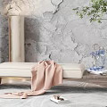 Modern Sofa Bench With Light Pink Blanket Wooden Base And Green Plant On Gray Rug