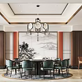 Luxurious Private Dining Room Featuring Round Table Green Chairs Wooden Decor Chandelier and Landscape Painting