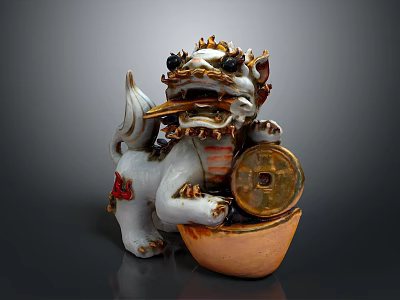 Chinese Ceramic Lion Figurine With Gold Ingot Coin And Ornate Details 3d model