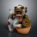 Chinese Ceramic Lion Figurine With Gold Ingot Coin And Ornate Details